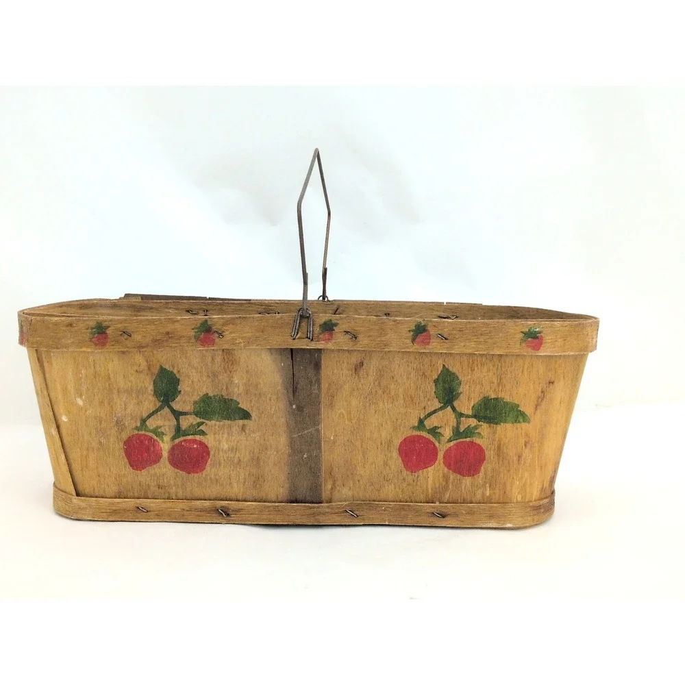 VTG Slat Wood Gathering Basket Farmhouse Stencil Painted Strawberry Cottagecore